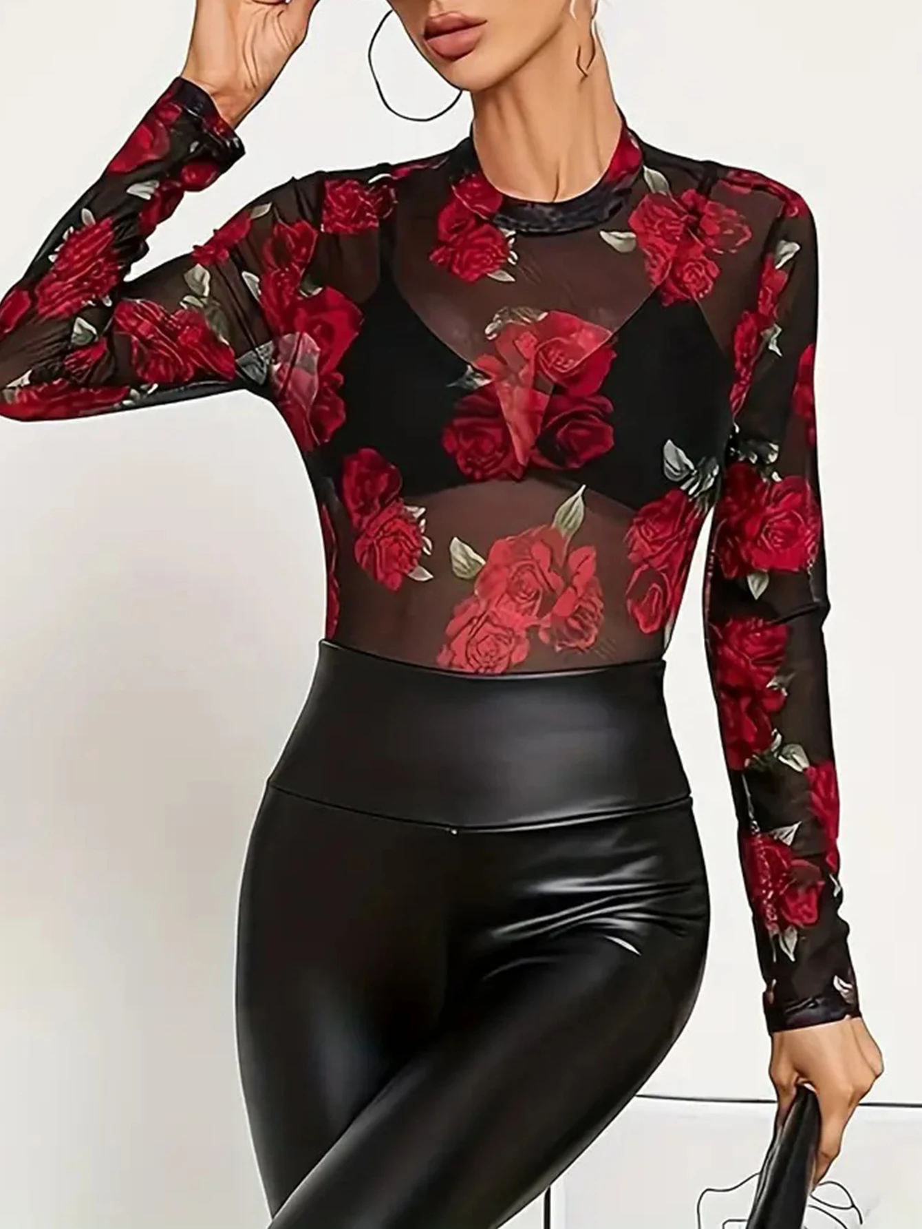 

Женская повседневная футболка с длинным рукавом и принтом роз, с круглым вырезом, прозрачная облегающая уличная одежда, осень