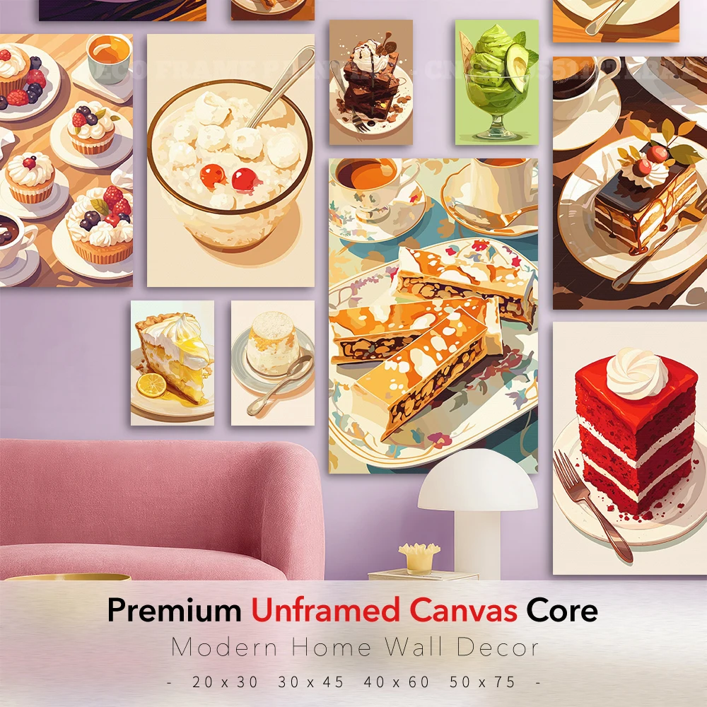 Unframed Canvas Art, Warm Dessert Cake Pastry Poster, Sweet Food Illustration Print, Kitchen Cafe Dining Room Wall Decor Gift