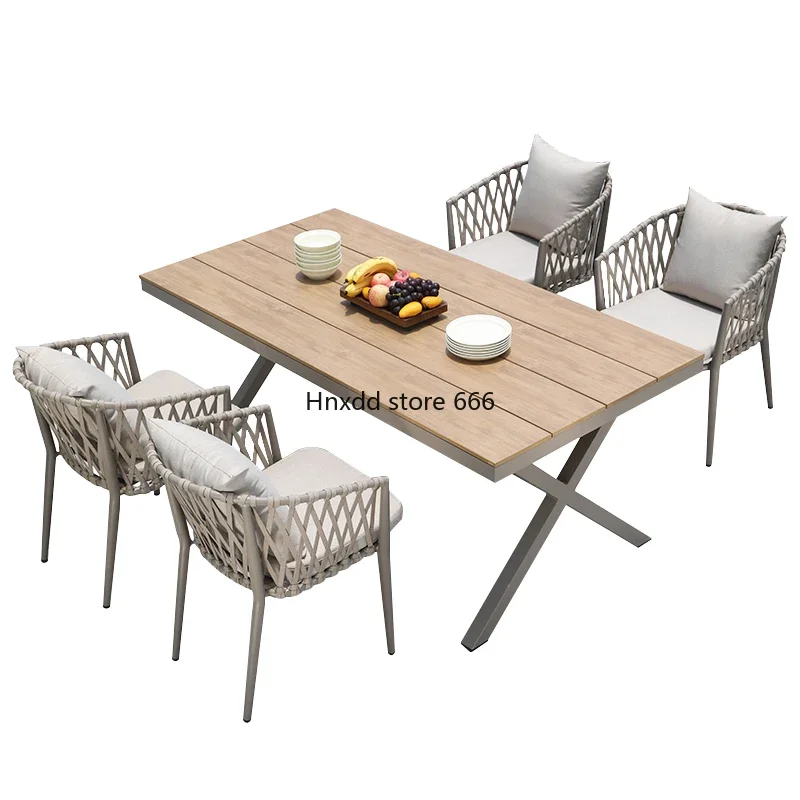 

Leisure waterproof sunscreen plastic wood table garden outdoor aluminum alloy Nordic rattan tables and chairs