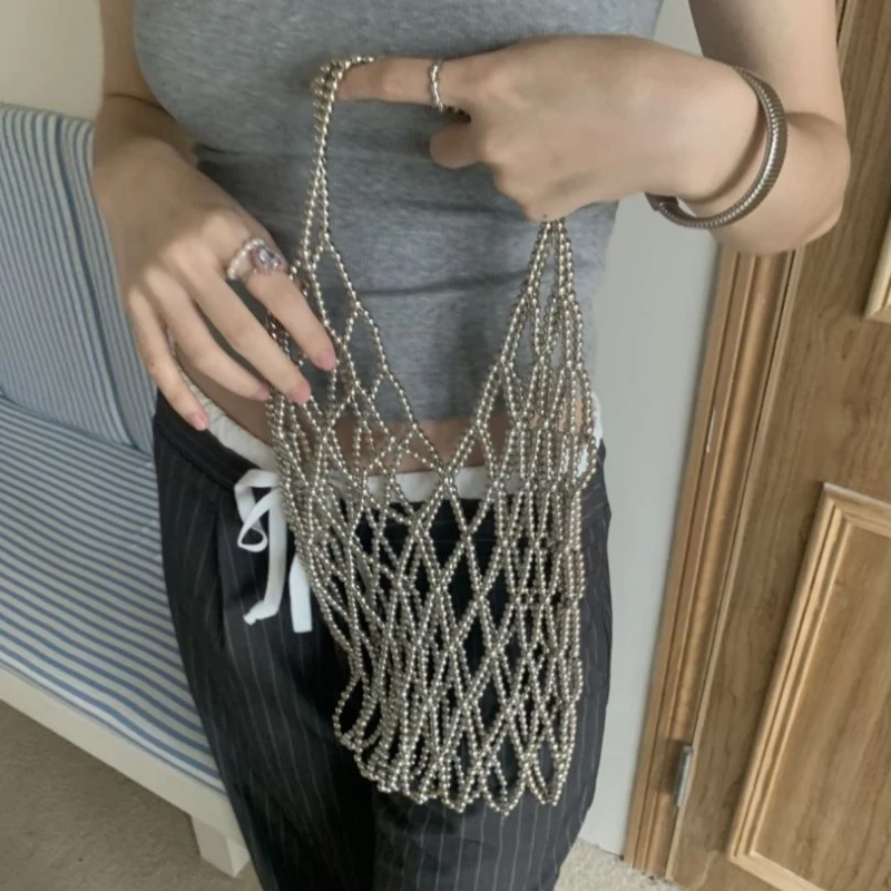 

Silver Acrylic Beads Handmade Hollow Out Shoulder Bag for Women Large Capacity High Quality Versatile Casual Female Cosmetic Bag