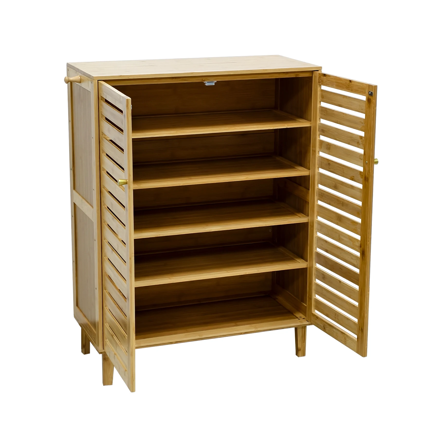 Bamboo Shoe Storage Cabinet with Slatted Doors, 5-Tier Wooden Shoe Organizer Cupboard for Entryway Hallway, Freestanding Large Shoe Rack with Side Hooks & Magnetic Closure