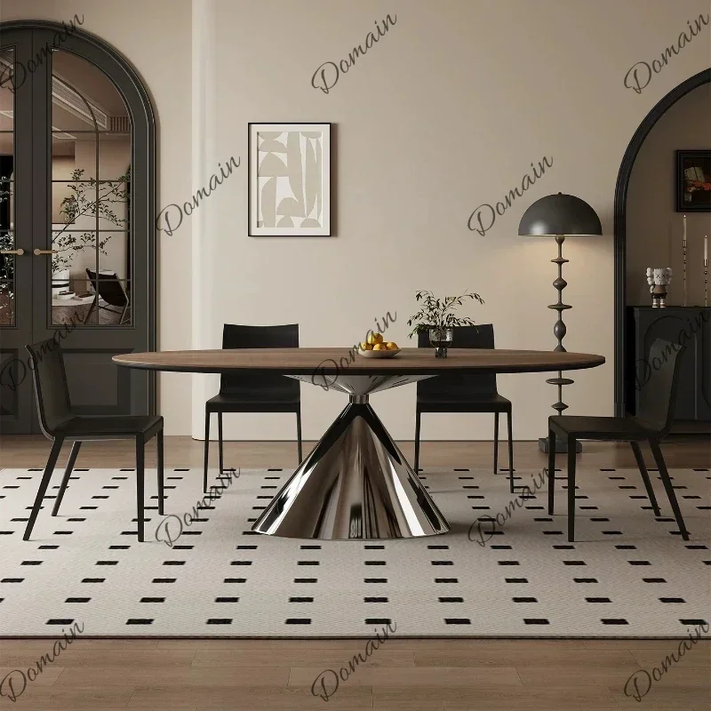 ZpO  Mid‑Century Modern Oval Dining Table Walnut Tone Tabletop With Metallic Conical Base For Household Dining Room Furniture