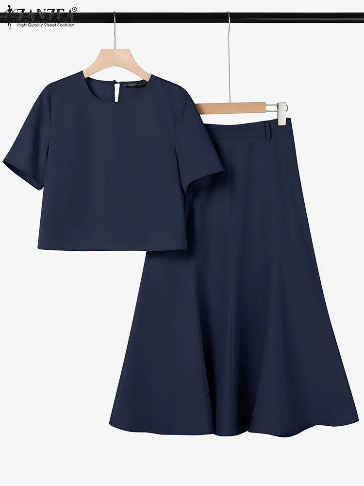 

ZANZEA 2PCS Elegant Short Sleeve Blouse Dress Sets Summer Office 2 Piece Sets Women Work OL Tracksuits Casual Solid Work Outfits