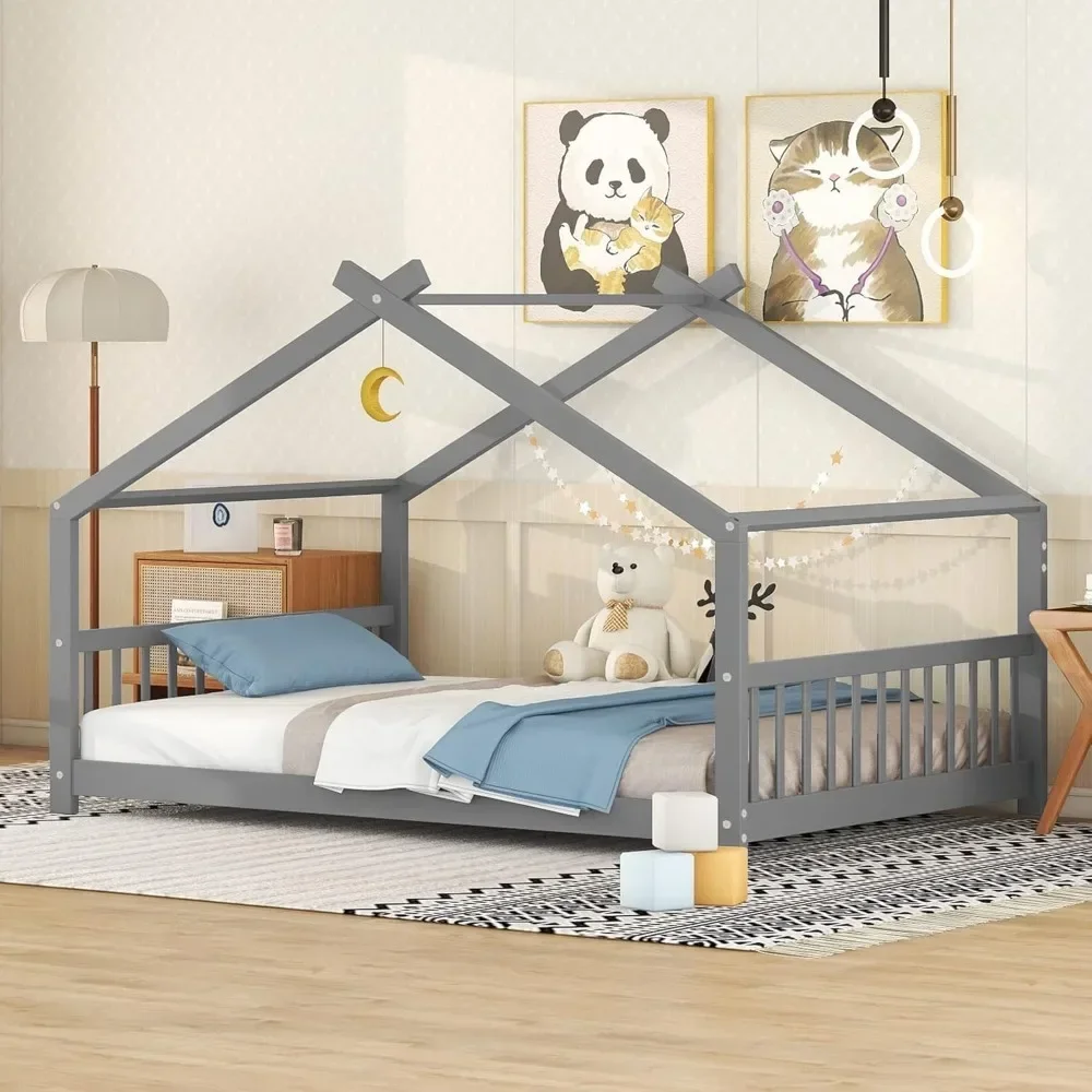 

Full House Beds Gray Montessori Bed Wood Frame Kids Platform Bed with Headboard & Footboard for Children Boys Girls Teens