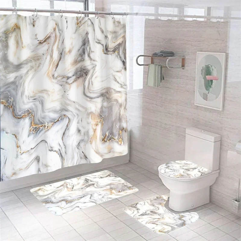 Luxury 3D Marble Shower Curtain Set Polyester Fabric Waterproof Batthroom Curtains Modern Style Printing Bath Toilet Cover Mat