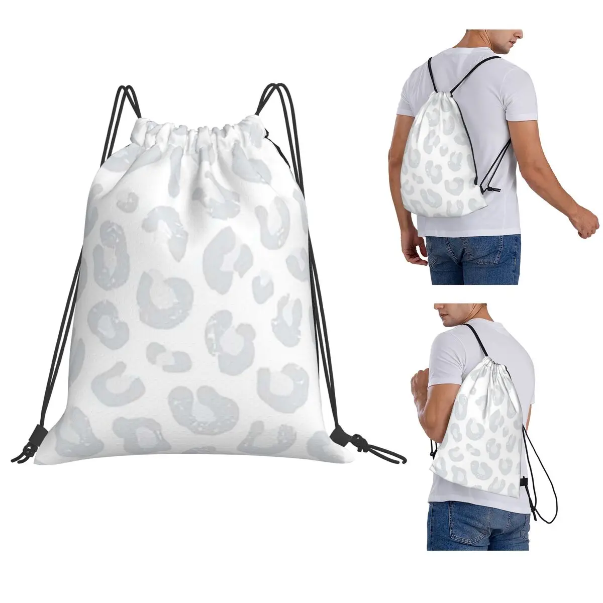 Leopard Print - Silver Gray And White Backpacks Portable Drawstring Bundle Pocket Sports Bag Book Bags for Man Woman School