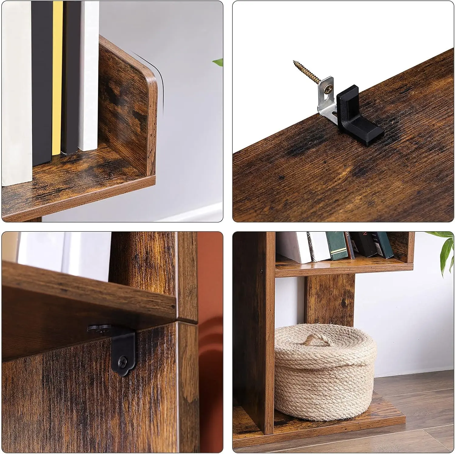 رف كتب على شكل شجرة مع 8 أرفف، بني ريفي، تصميم مدمج لغرفة المعيشة أو المكتب