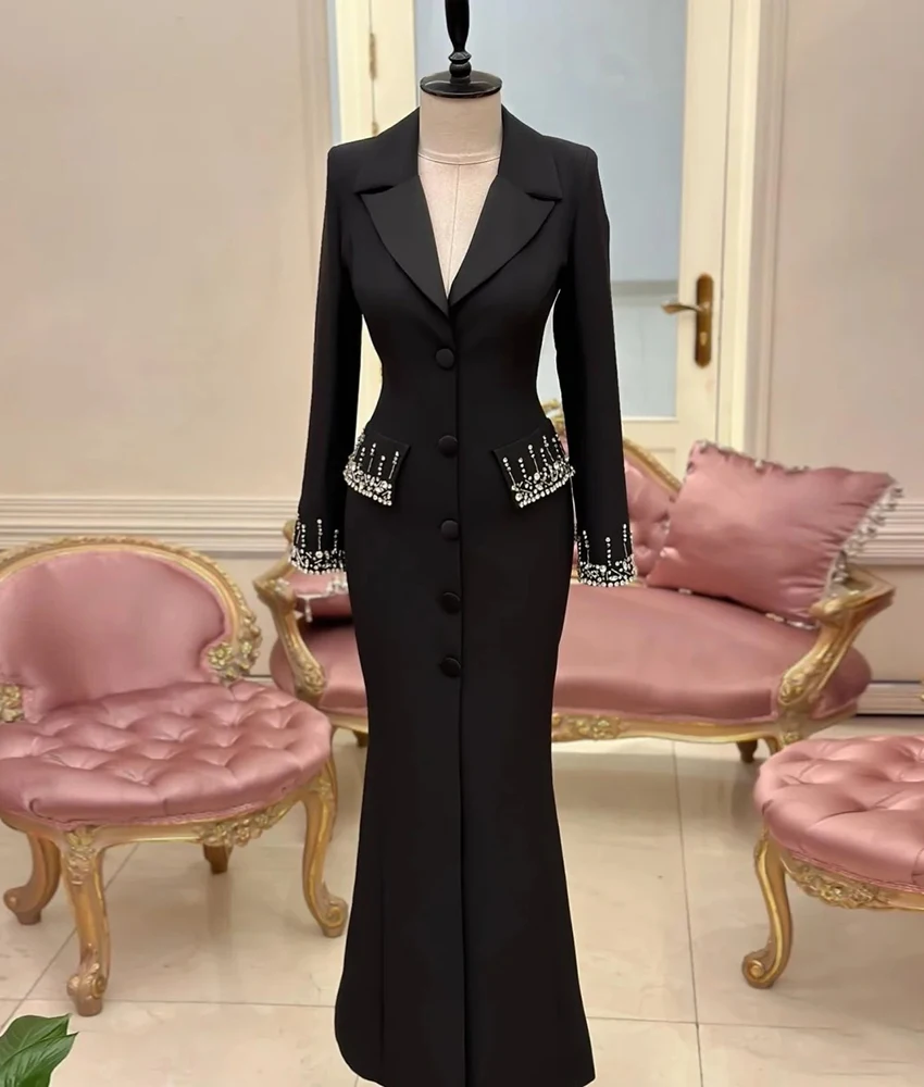 

Customized High Quality Jersey Mermaid Crystal Buttons Evening Dress Formal Long Sleeves V-Neck Floor Length Party Gowns