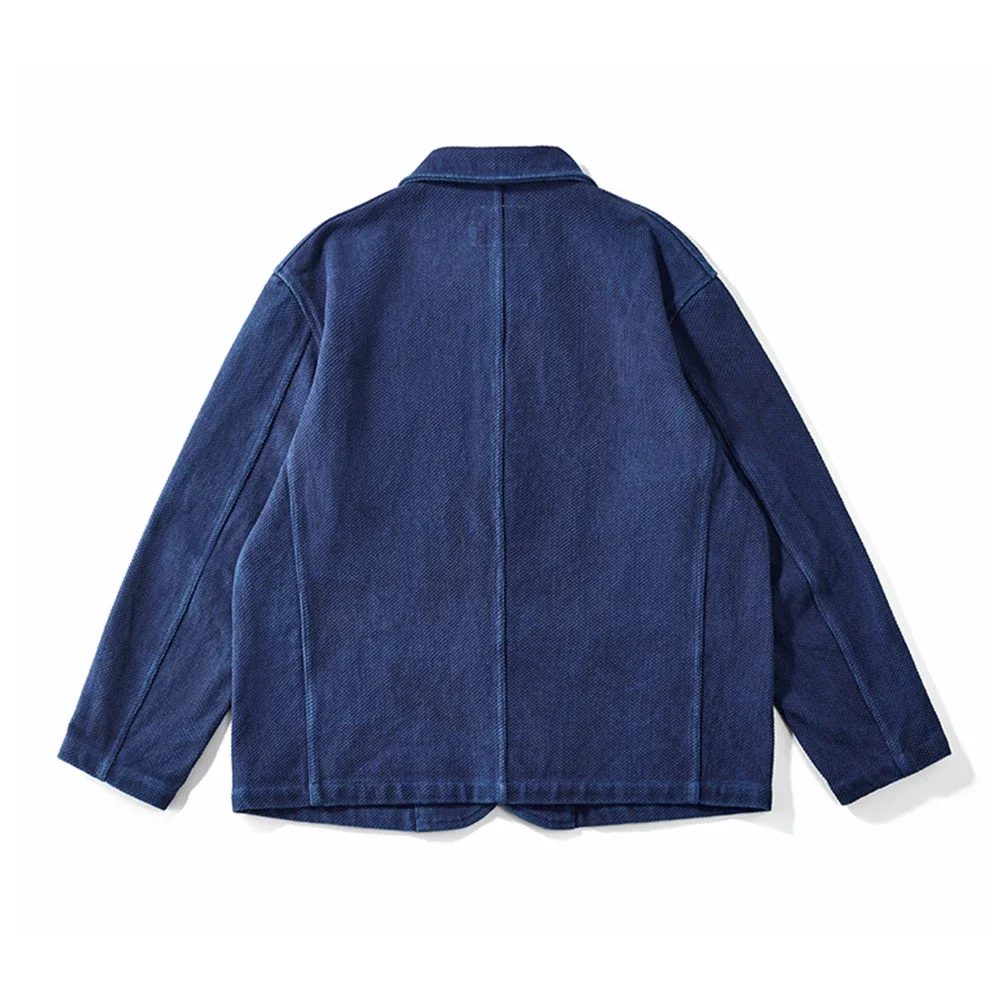 Heavy Weight Indigo Jacket Men Autumn Winter Vintage Workwear Tooling Jacket Blue Dyed Kendo Fabric Multi-pocket Cardgian Coat