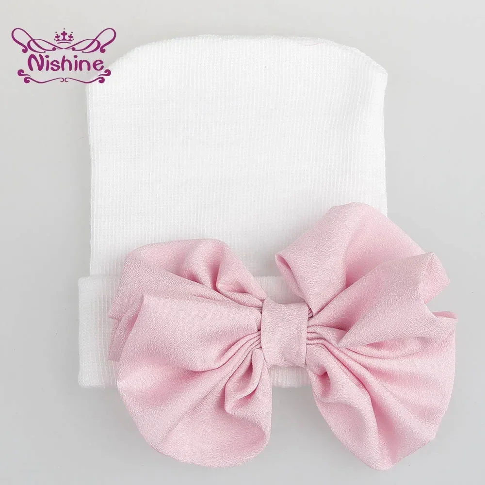 Nishine Newborn Baby Girl Chiffon Bowknot Hat Infant Big Bow Cap Kid Stripe Knitted Bonnet Toddler Hair Accessories Photo Props