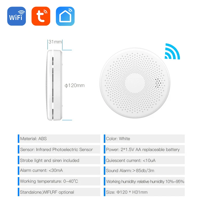 Tuya Wifi 2 in 1 Smoke CO Alarm Gas Detector Smart Life Smoke Sensor & Carbon Monoxide Co Gas Detector Smoke Fire  Alarm