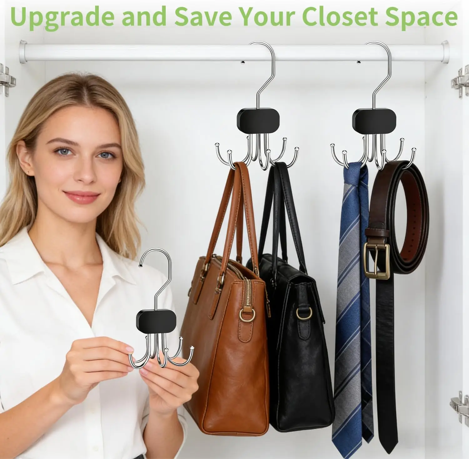 1 Pc Belt Organizer for Closet, 6-Hook Tie Rack, Scarf & Hat Hanger, Heavy Duty Multifunctional Hanging Organizer for Purses, Bras, Tank Tops, Belts and Accessories