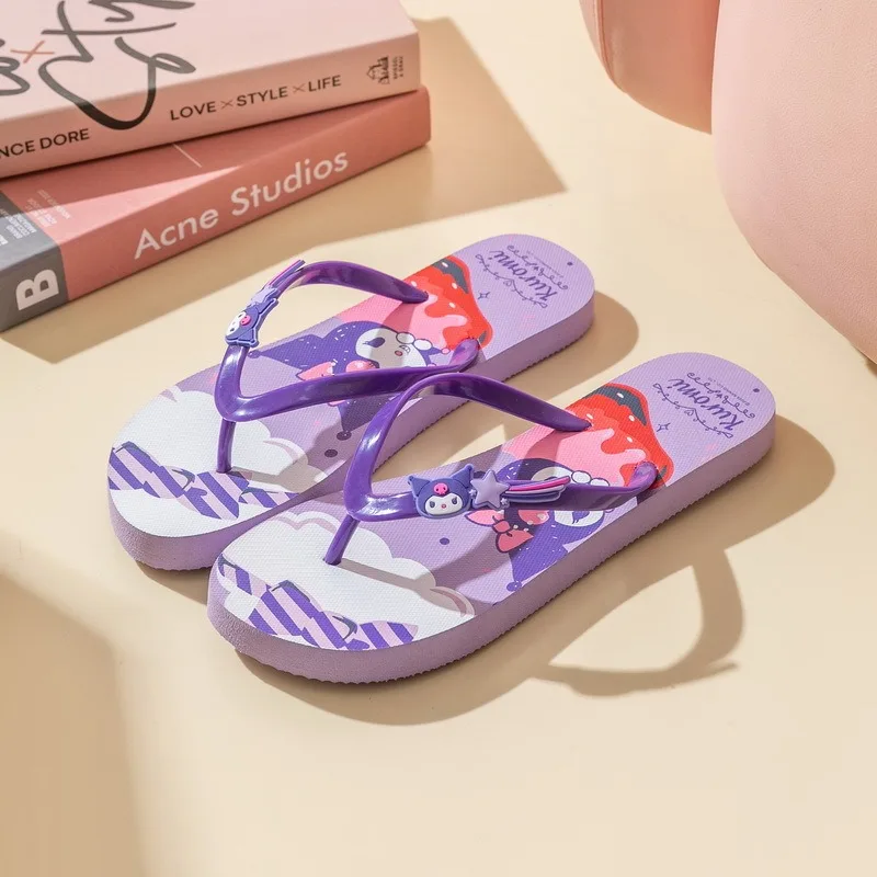 Sanrio Hello Kitty Slipper Anime Kawaii  Cute Cartoon Pink Flip Flop Women Wearing Beach Shoes on The Outside Thick Soled Sandal