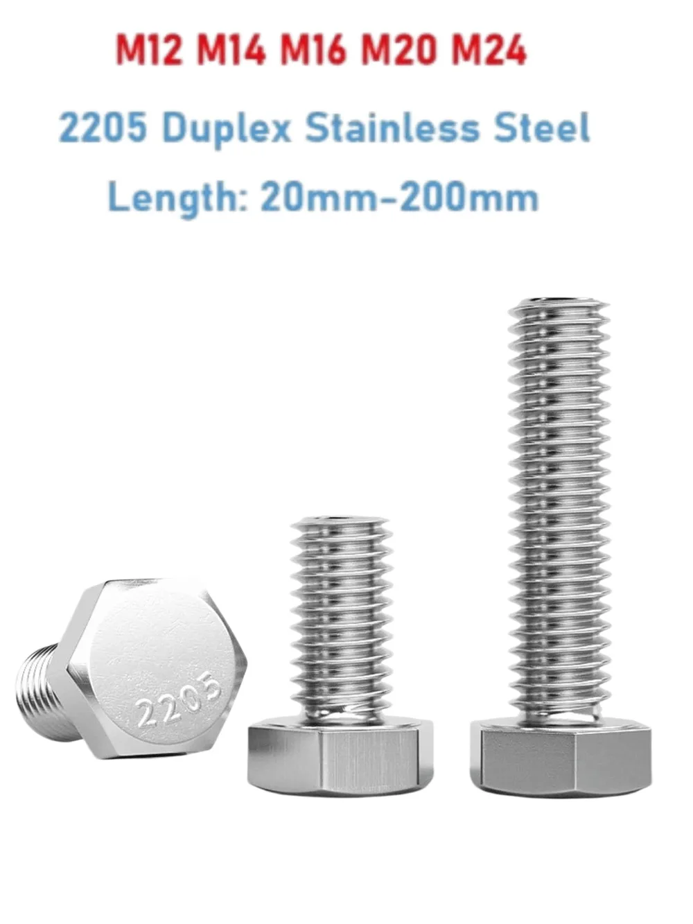 2205 Duplex Stainless Steel Outer Hexagonal Bolts M12‑M24 20‑200mm High Strength Corrosion‑Resistant Industrial Hex Head Screws