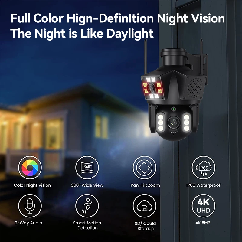 4K 8MP PTZ WiFi Smart Camera Outdoor HD Dual lens Binocular Full color Camera Automatic Tracking CCTV Security Camera
