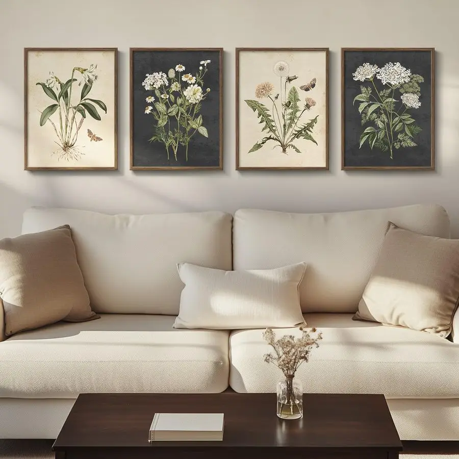 

Botanical Wall Art for Living Room, 4 Piece Rustic Floral Canvas Paintings Prints ArtWork for Walls, Vintage Flower Butterfly Pi