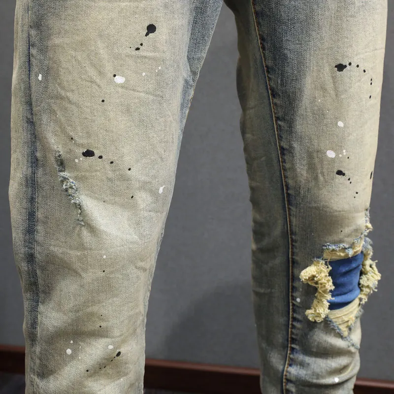 High Street Fashion Men Jeans Retro Washed Blue Stretch Skinny Fit Painted Ripped Jeans Men Patched Designer Hip Hop Brand Pants