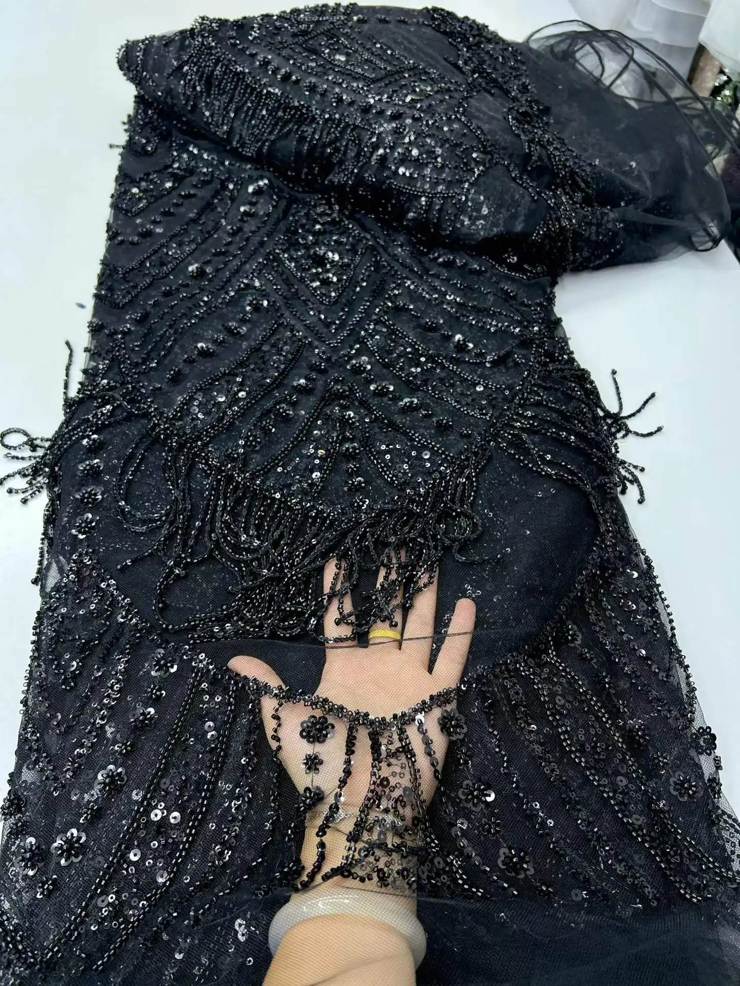 High Quality African 3D Tassels Lace Fabric Heavy Beads Sequins 2026 Embroidery Lace French Mesh Tulle Lace For Wedding Dresses
