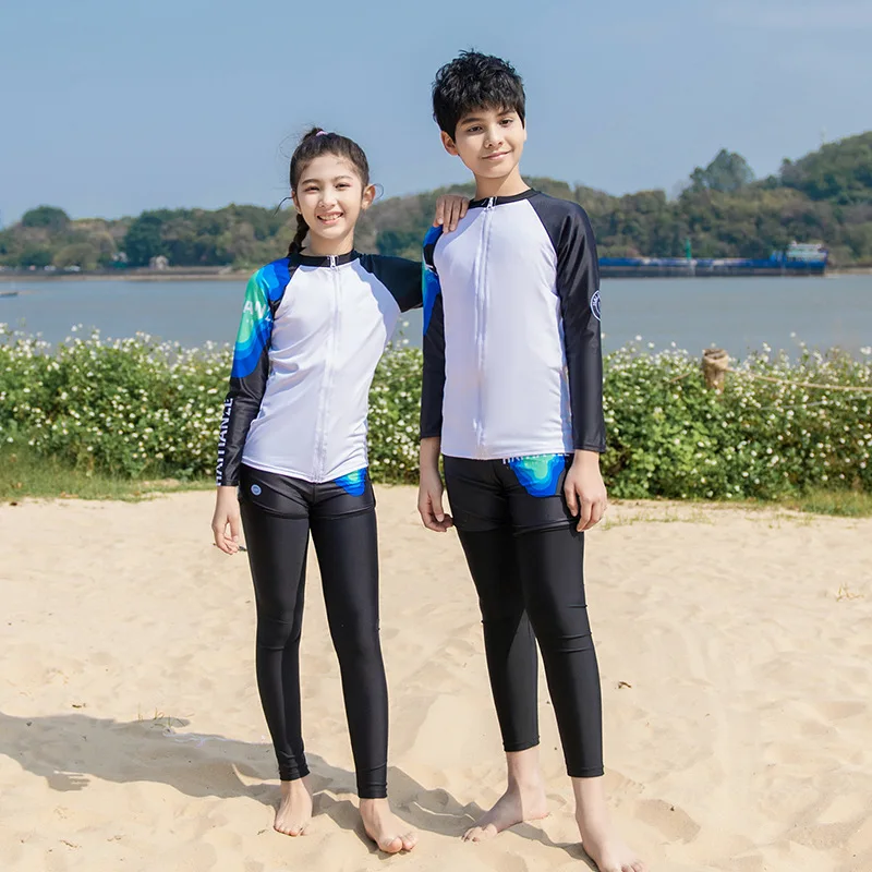 3pcs Boys/Girls Rash Guard Long Sleeve Zip Up Swim Shirt&Pants UV Sun Protection Kids Youth Bathing Suits Swim Tops Bottoms