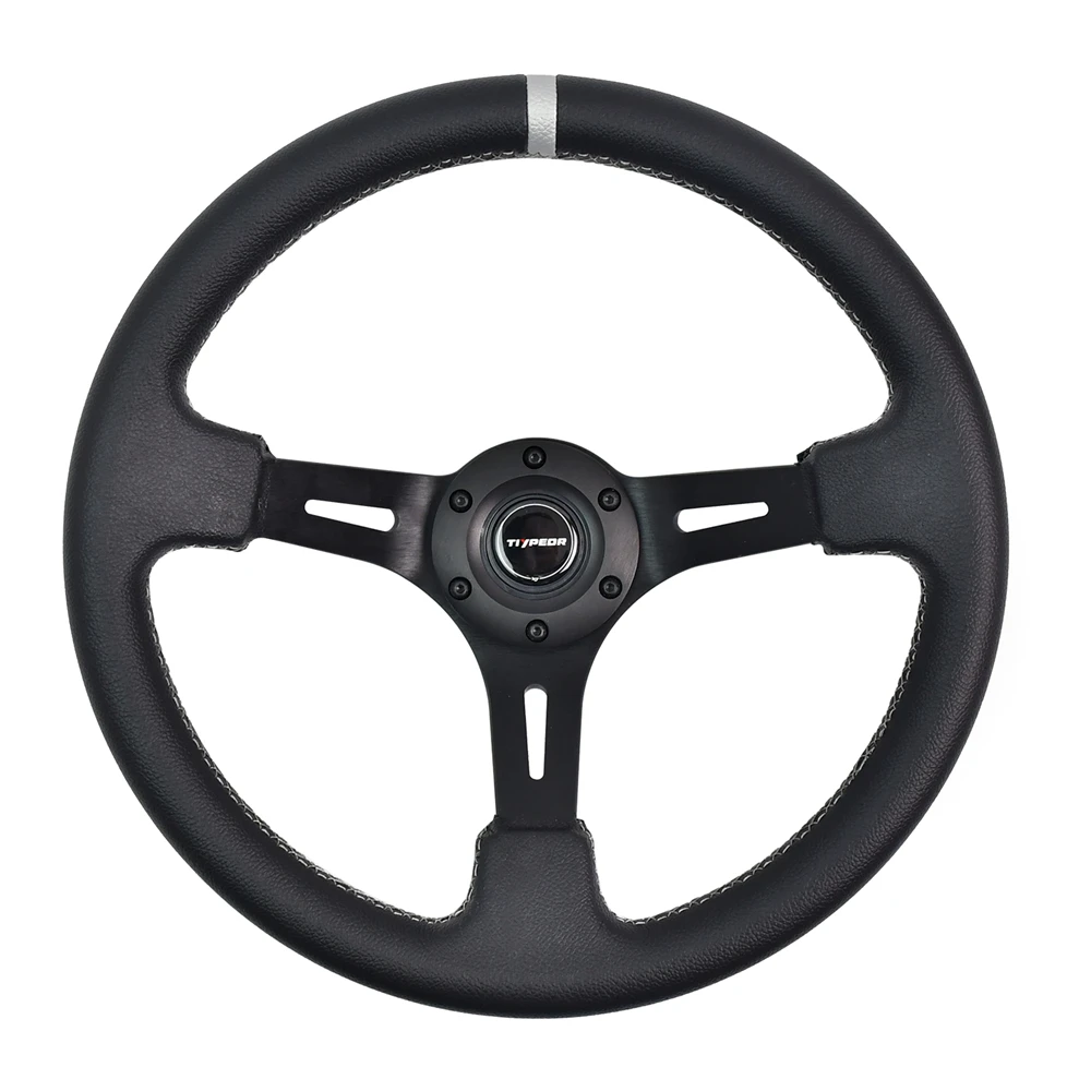 

TIYPEOR 340mm Black Leather Racing Steering Wheel Deep Concave 6 Holes Universal Sports Steering Wheel With Grey Interface