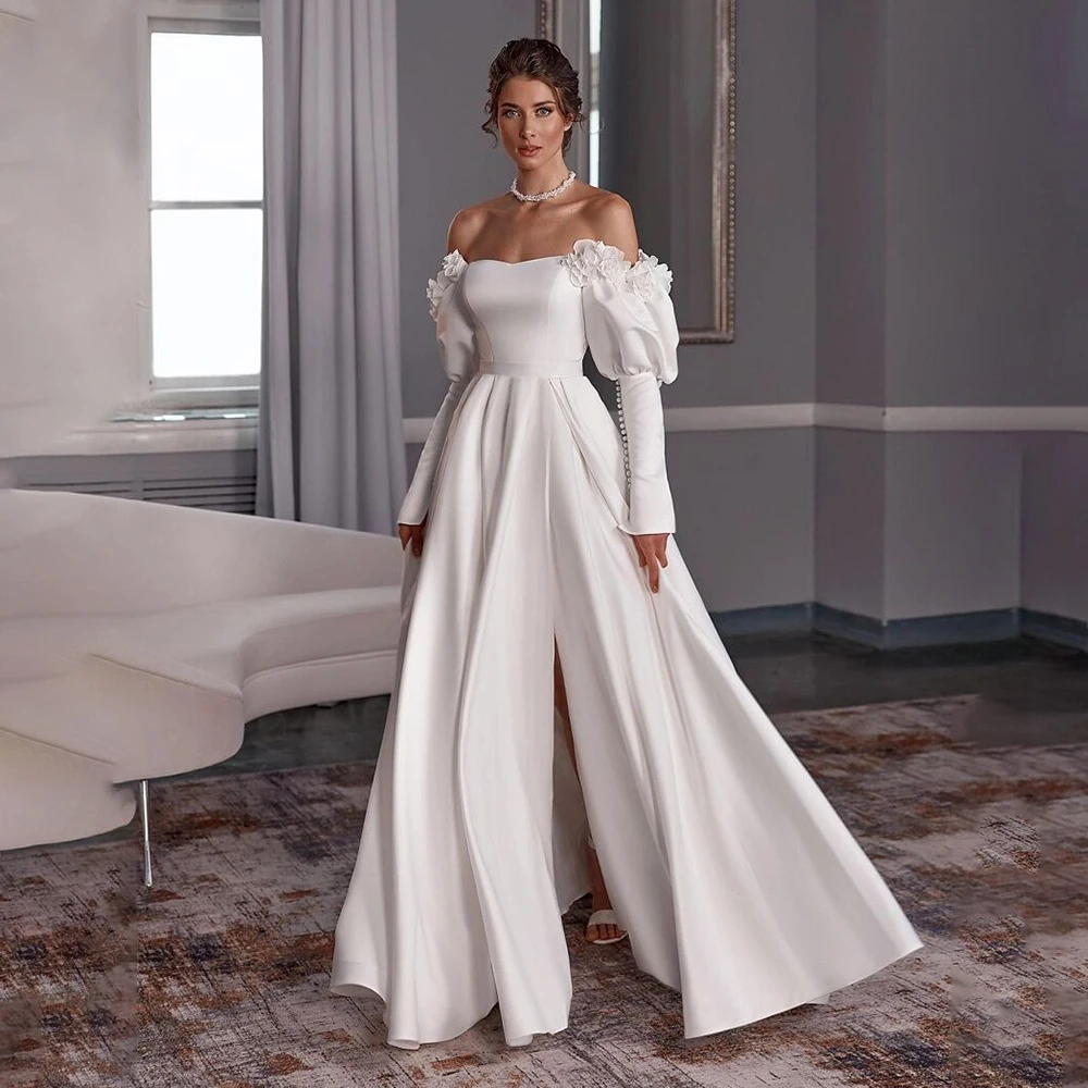 فستان زفاف من الساتان عالي الجودة على شكل حرف a وأكمام منتفخة بدون ظهر بطول الأرض وفتحة جانبية مع ذيل مصنوع حسب الطلب