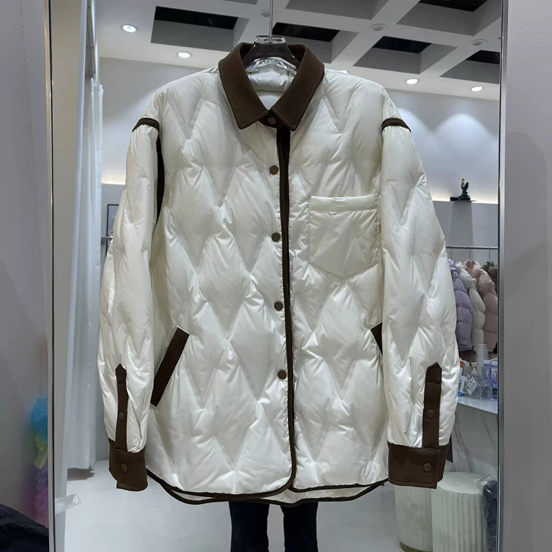 

Winter Lightweight Lapel Down Jacket Women 90% White Duck Down Down Jacket Female Patchwork Warm Single Breasted Parker Outwears