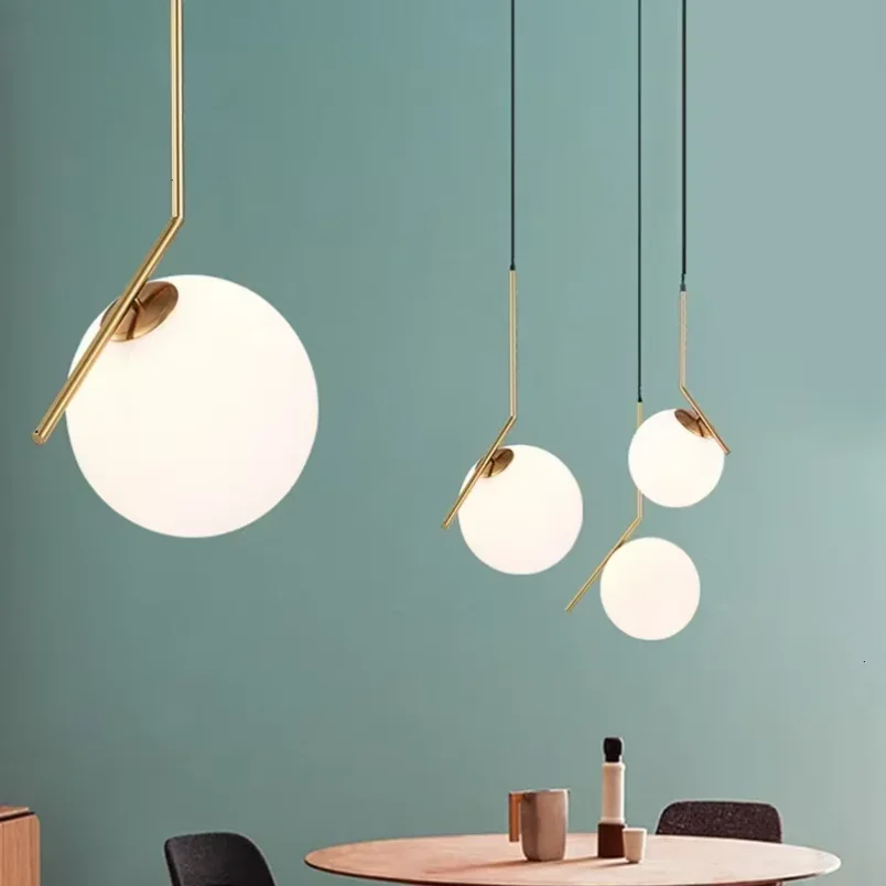 

2025 Modern 7 Gold Glass Ball Pendant Lights Daily Home Dining Room Living Bedroom Hang Lamp Restaurant Decor Fixtures Lighting