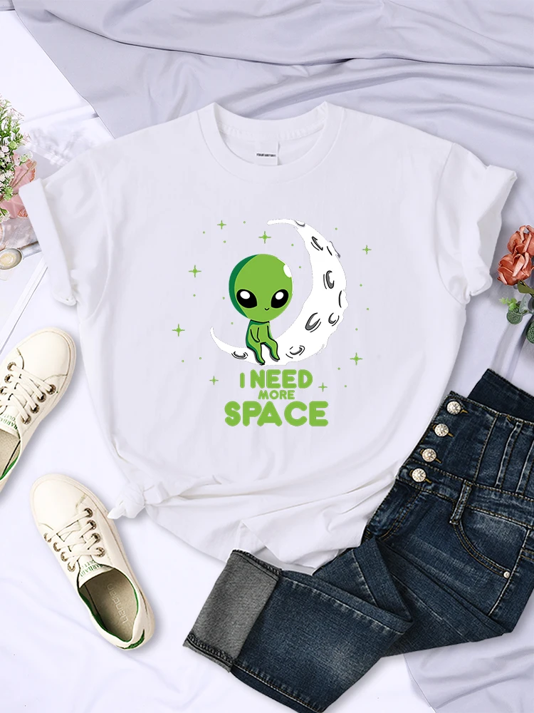 I Need More Space Green Alien Female T-Shirts Street Harajuku Tops Casual Breathable Short Sleeve All-math Soft Womens Clothing