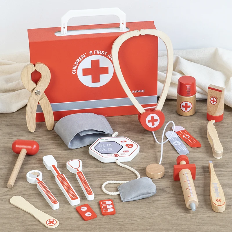 Red Wooden Doctor Toy Set - Imaginative Role Play and Fine Motor Skills for Children Aged 3 and Up Gift Box or Drawstring Bag