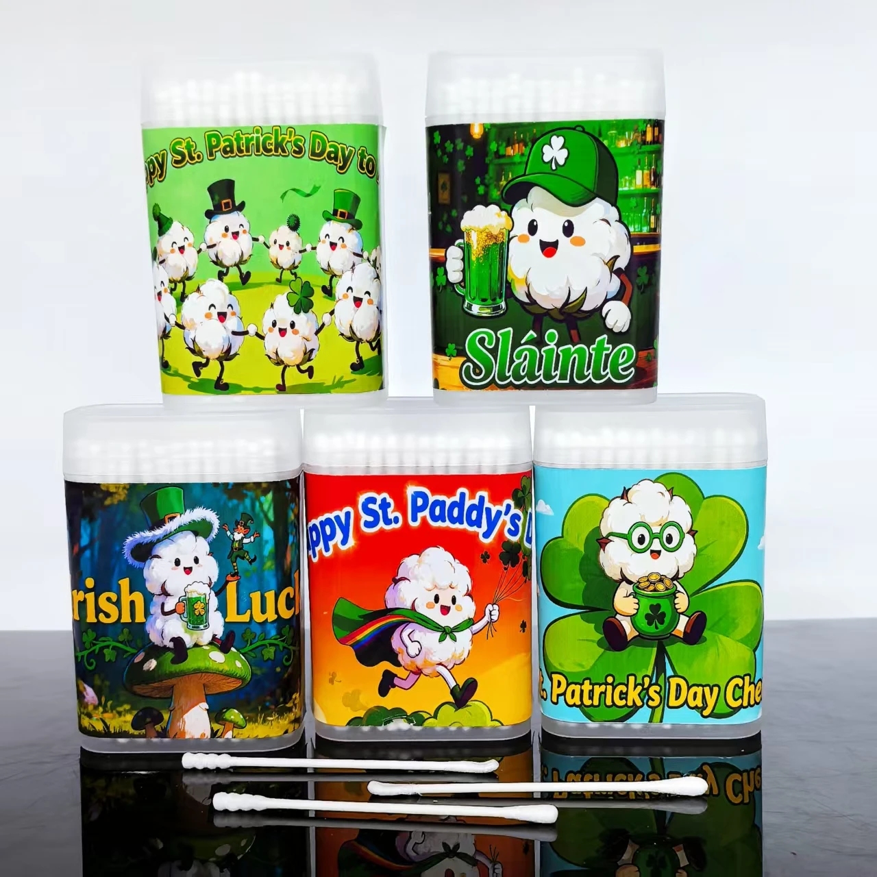 600 uds/900 Uds hisopos de algodón del Festival Irlandés, bastoncillos de algodón de doble cabeza de eje fino, hisopos de algodón para vacaciones del Día de San Patricio