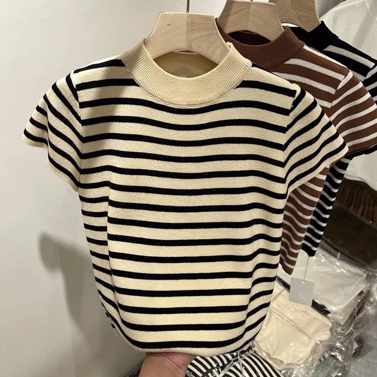 2026 Rollkragenpullover Gestreifter Pullover Slim Fit Oberteil Damen Frühling und Herbst Kurzarm Unterziehpullover – Detail 3
