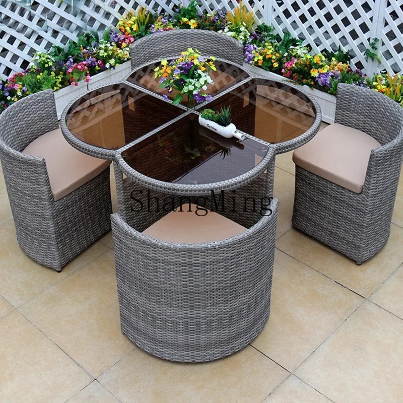 FG Outdoor-Freizeit, kreatives Rattan-Stuhl-Set, Outdoor-Garten, Innenhof, Zuhause, Rückenlehne, Open-Air-Rattan-Tisch und Stühle