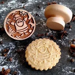Wooden Cookie Stamp Cookie Mold for Christmas, with Reindeer Snowman Pattern, Round Embosser Baking Tools for Biscuit Cutter