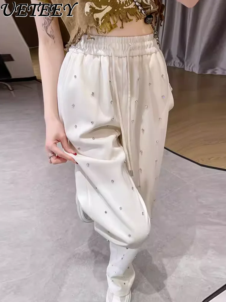 

Exquisite Rhinestone Baggy Wide-Leg Pants Women Spring Summer High Waist Drooping Straight Pants Fashion Sweatpants Mop Trousers