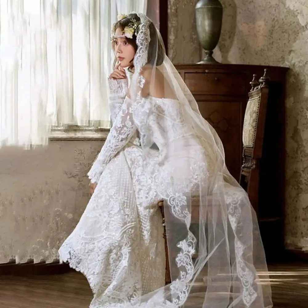 Elegant Lace Flower Bridal Veil Long Soft Tulle Wedding Veils White Single-layer Bride Head Gauze Wedding Accessories image 4