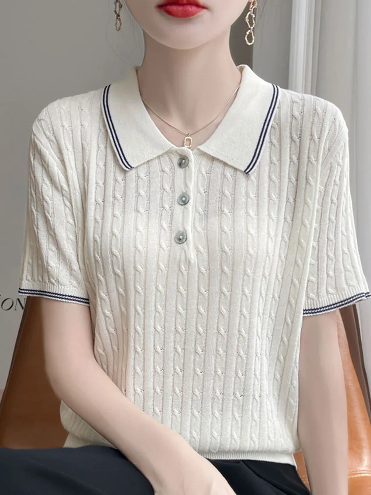 Shintimes Französisch Eis Seide Drehen-unten Kragen T-shirt Frauen Sommer Elegante Dünne Gestrickte Kurzarm Weiß T Shirt Frauen tops