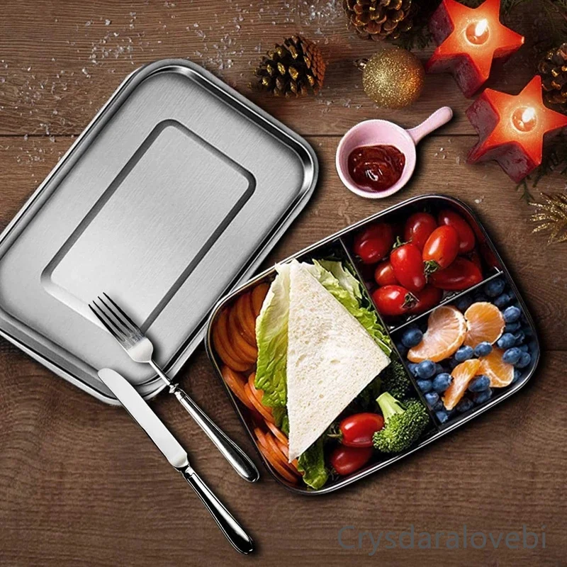 Stainless Steel Bento Kids Lunch Box  for school Container 3-Compartment Bento Lunch Box Sandwich Two Sides Food Container