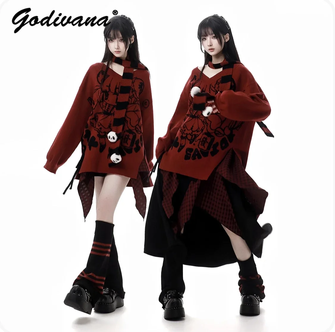 

【Фортуна】 Y2kV воротник вязаный свитер дизайн рубашка полуюбка комплект Рождество Новый год вечеринка дата красный комплект