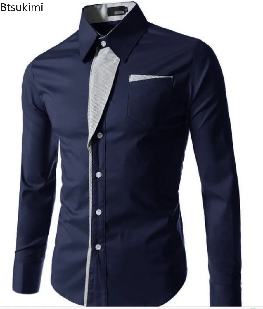 New 2025 Men's Patchwork Long Sleeve Shirts Fashion Slim Business Casual Shirts Striped Colorblock Design Male Blouse Streetwear