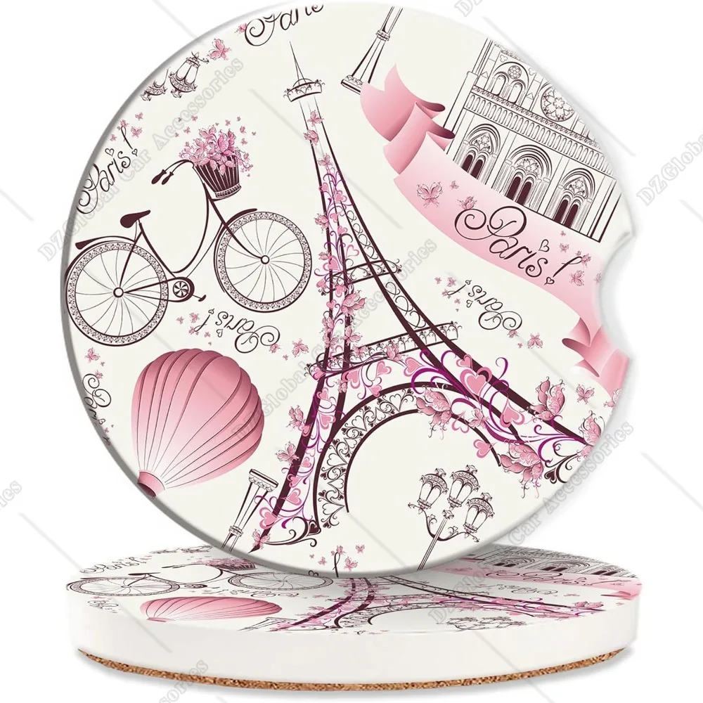 Pink Paris Car Cup Coaster 2 Pack Eiffel Tower Retro Love Absorbent Ceramic Coaster Drink Car Cup Holders Interior Assecories