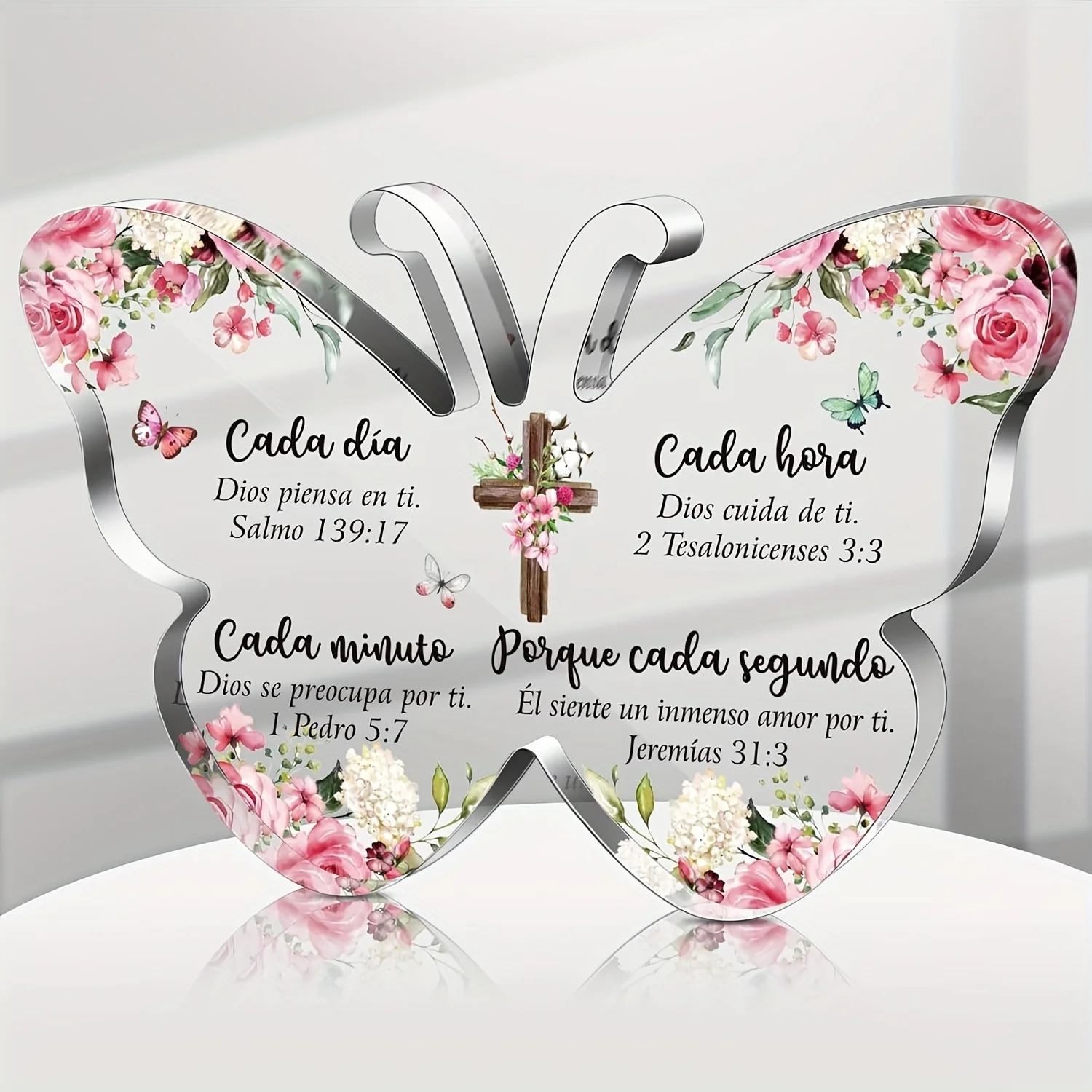 Regalo acrílico cristiano español para mujeres, regalo inspirador religioso con forma de mariposa, versículo de la Biblia, decoración de escritorio, versículo de la Biblia