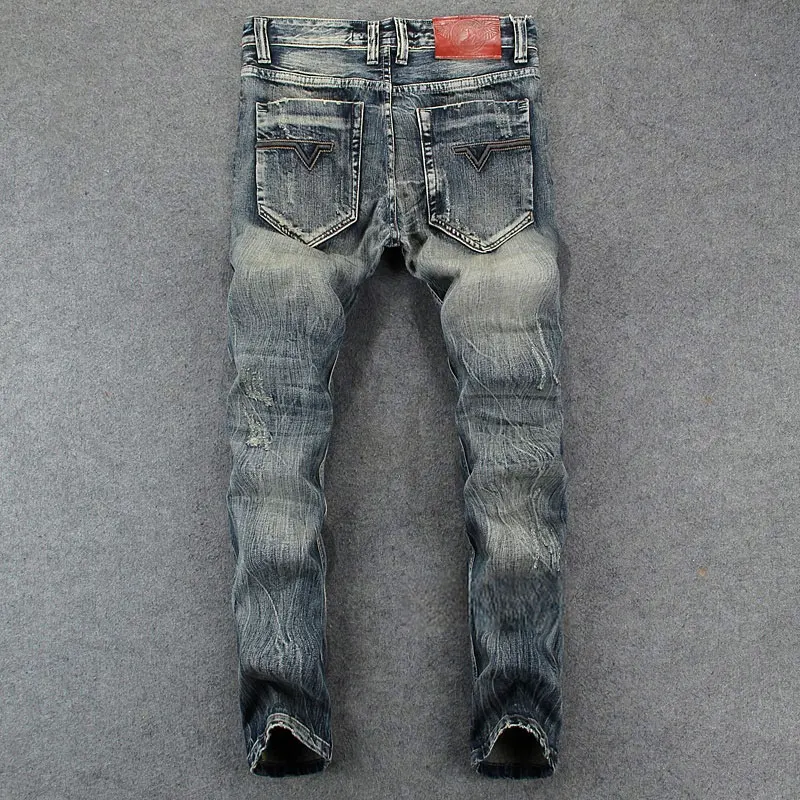 Street Fashion Men Jeans Retro Washed Blue Stretch Slim Fit Ripped Jeans Men Embroidery Patched Designer Vintage Denim Pants