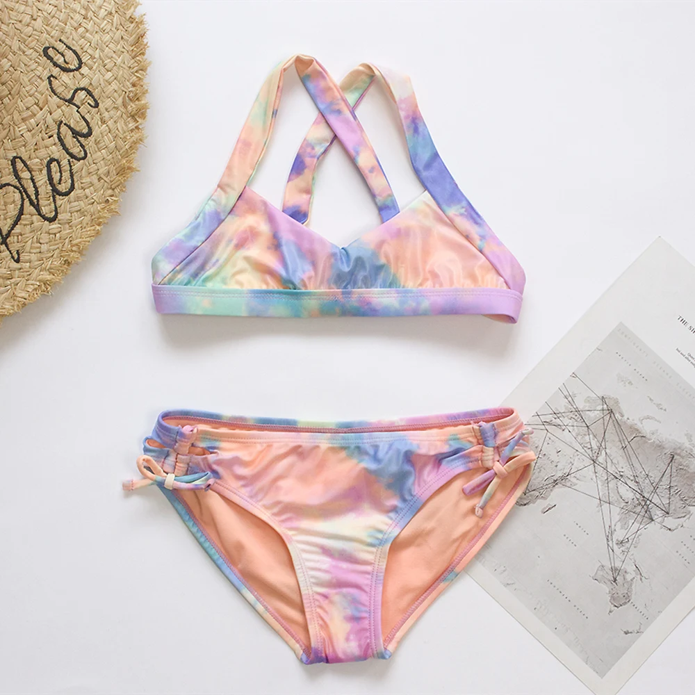 Teen Kids Girls Bandage Bikini Set Tie-dye Print Summer Children Kids Swimsuit Students Girls Two Pieces Swimwear Bathing Suit