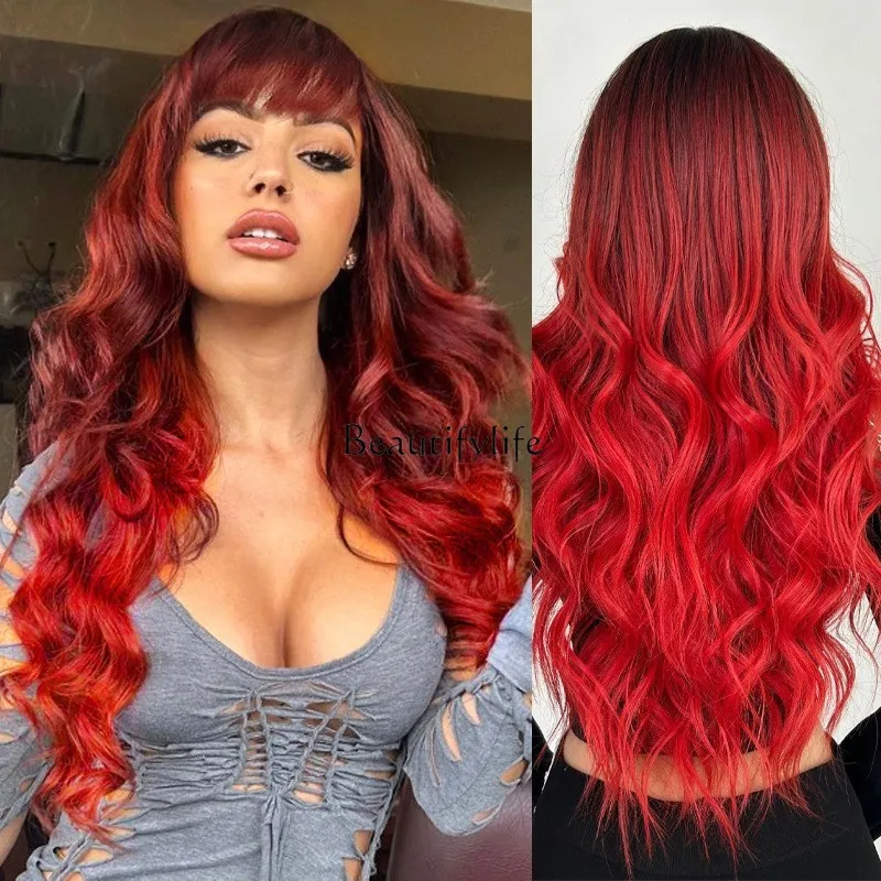 

Wig female full headgear gorgeous black gradual change red with bangs air long wavy roll