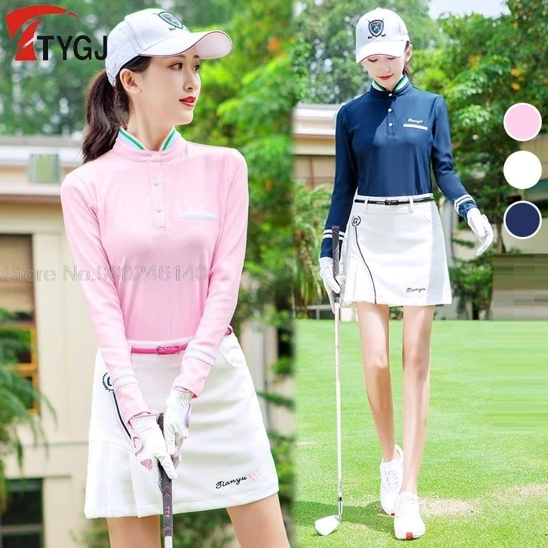 

2020 Women Long Sleeve Golf Training T-shirt Tops Women Quick Dry Clothes Sports Golf Tennis Apparel Stand Collar Slim Shirt