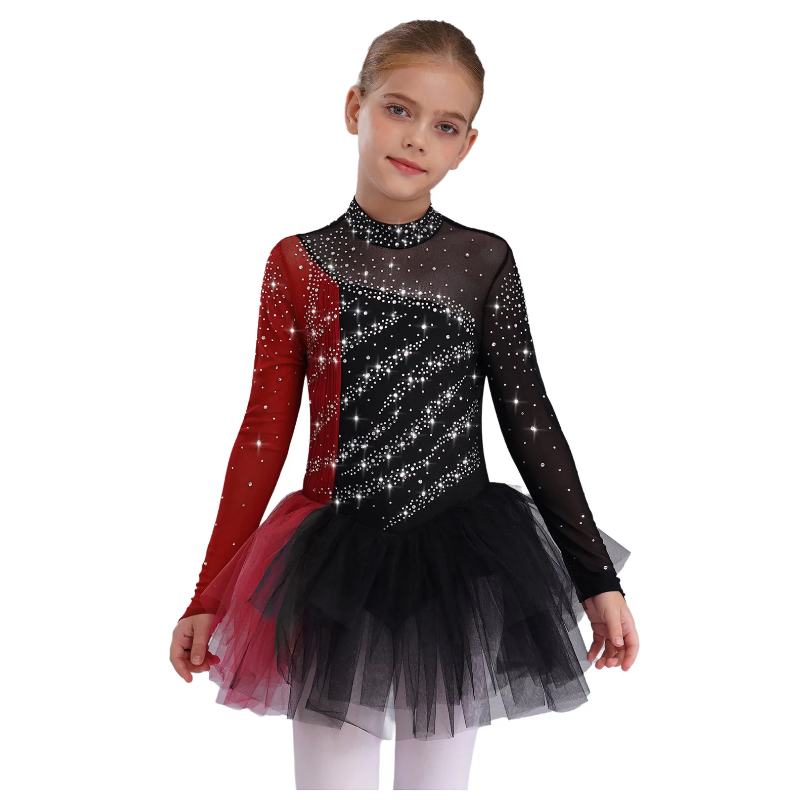 

Kids Girls Figure Skating Dance Dresses Stage Performance Costume Long Sleeves Sparkling Rhinestones Color Block Patchwork Dress