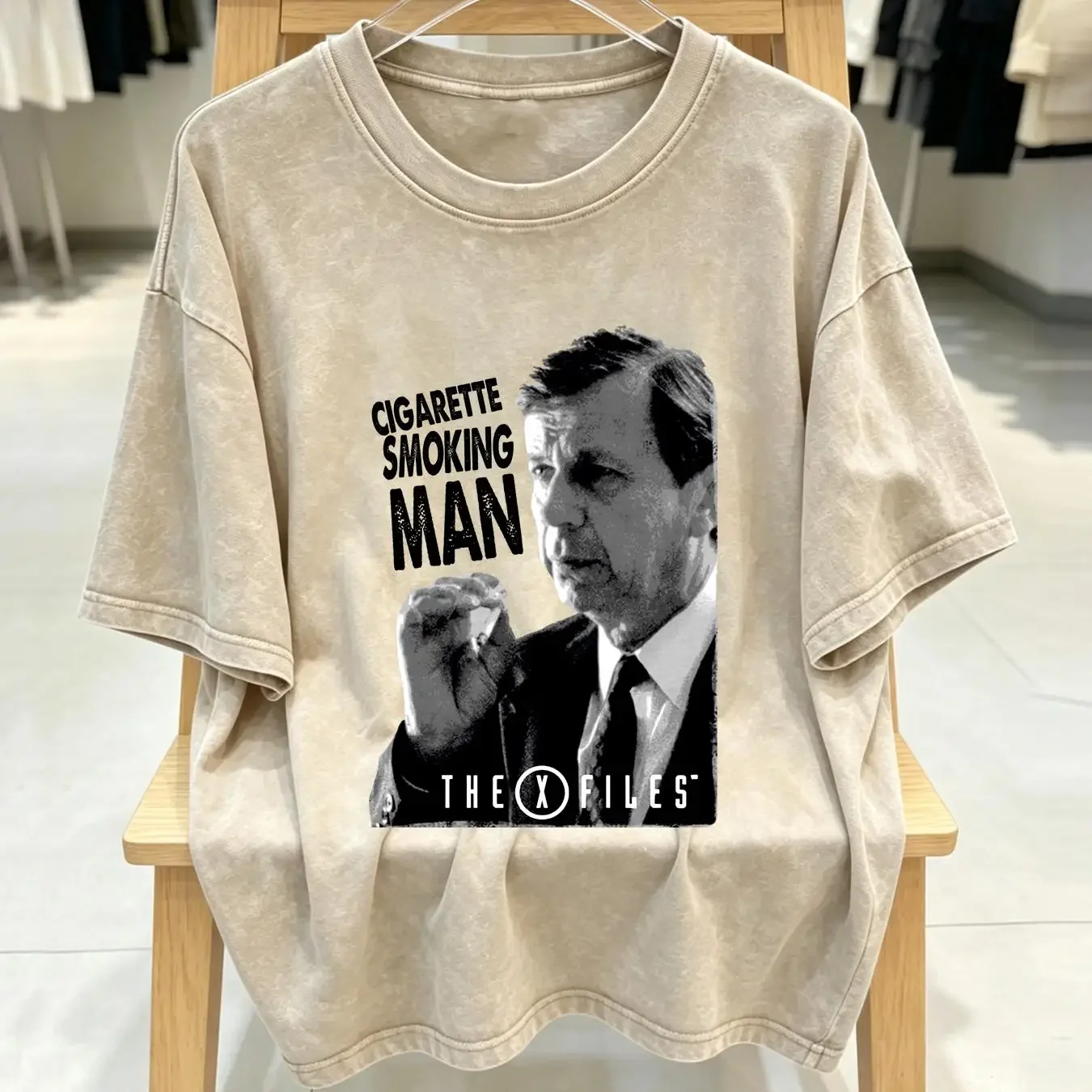 washed T Shirt The X Files Smoking Man Mens Licensed TV Show Alien UFO Retro Silver vintage Washed Breathable