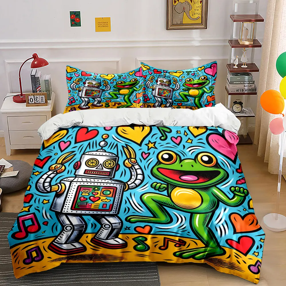 Robot and Frog Dancing Happily Print Bedding Set 1 Duvet Cover 2 Pillowcases for Adult and Children Luxury Gift Full Size