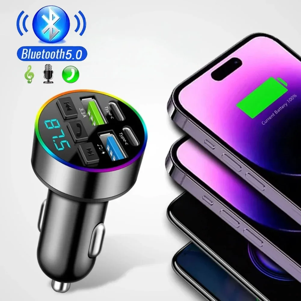 Digitalanzeige Zigarettenanzünder Autoladegerät Dual USB Typ C Multifunktionaler Bluetooth FM Sender Empfänger MP3-Player