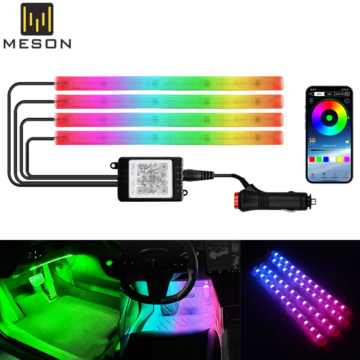

4 in 1 LED Interior Car Lights Strip Foot Light Dynamic Flash Light Music APP Control RGB Color 5/12V 48SMD USB Car Accessories